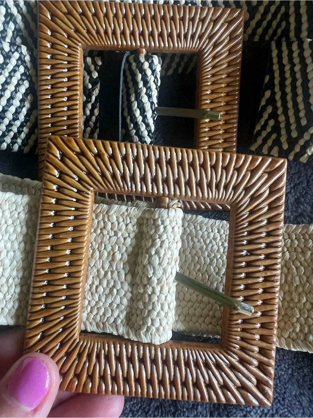 3 belt bundle Women’s Woven Elastic Belt with Rattan Buckle — Cream & Black